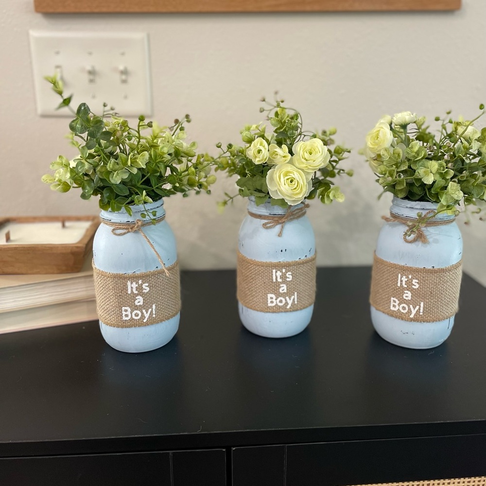 ITS A BOY center piece table decorations boy baby shower blue mason jar